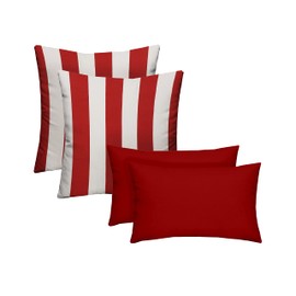 RSH DECOR Set of 4 Square and Lumbar Accent Pillows | Indoor/Outdoor All Weather Polyester Fabric | Reversible | 17" x 17" & 20" x 12" | Red & White Stripe + Red