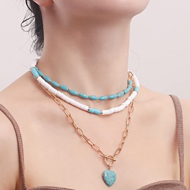 Beaded Choker Necklaces for Women Natural Turquoise Fluorite Malachite Stone Vintage Bohemian Irregular Natural Necklace Baroque Pearl Pendant Jewelry for Women (3-Layer Turquoise Heart)
