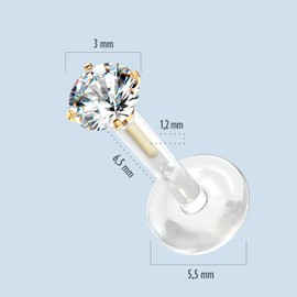 Stachelkleid Labret Chriurgen Steel 316L Bioflex Piercing Zirconia Push In Allergy Flexible Bendable Round Base Flat Gold Silver Bites Conch Stud Nose Tragus Plastic 1.2 mm, Bioflex, stainless steel