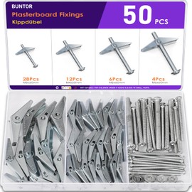 BUNTOR 50PCS Plasterboard Fixings, 4 Sizes Wing Spring Toggle Bolts, Hollow Wall Fixings & Drywall Screws, M3/M4/M5/M6 Drywall Anchor for Plasterboard, Cav Wall, Fibreboard