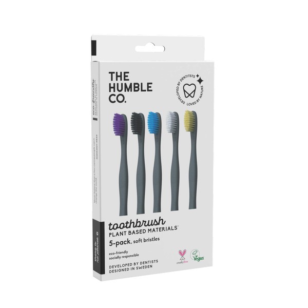 The Humble Co. 5 x Plant Based Toothbrush, Sensitive Bristles, Eco-Friendly, Vegan for Daily Oral Care, Recommended by Dentists, 5 Colours
