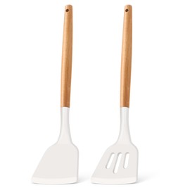 E-far Silicone Spatula Turner, 2 Pack Heat Resistant Kitchen Spatulas for Nonstick Cookware, Rubber Solid Slotted Spatula Cooking Utensils for Fish, Eggs, Pancakes (White)