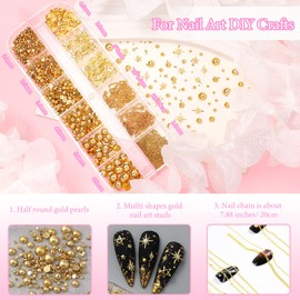 Gold Nail Charms and Flatback Pearls Beads Mix Geometry Gold Chain Gothic Spike Nail Studs Star Rivet Jewelry Accessories Half Pearl for Nails DIY Crafts