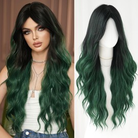 7JHH WIGS Long Wavy Synthetic Dark Green Ombre Wigs with Dark Roots Black Green Ombre Hollween Curly Cosplay Party Wigs for Women Used