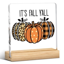 Fall Decor, Autumn Room Decor, Fall Decorations for Home, Leopard Pumpkin Sign, Autumn Harvest Rustic Thanksgiving Square Acrylic Sign with Wooden Stands for Kitchen Office Bathroom Bedroom
