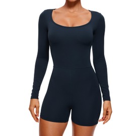CRZ YOGA Butterluxe Athletic Rompers for Women Long Sleeve Scoop Neck Short Jumpsuits Stretchy Workout One Piece Bodysuit True Navy Medium