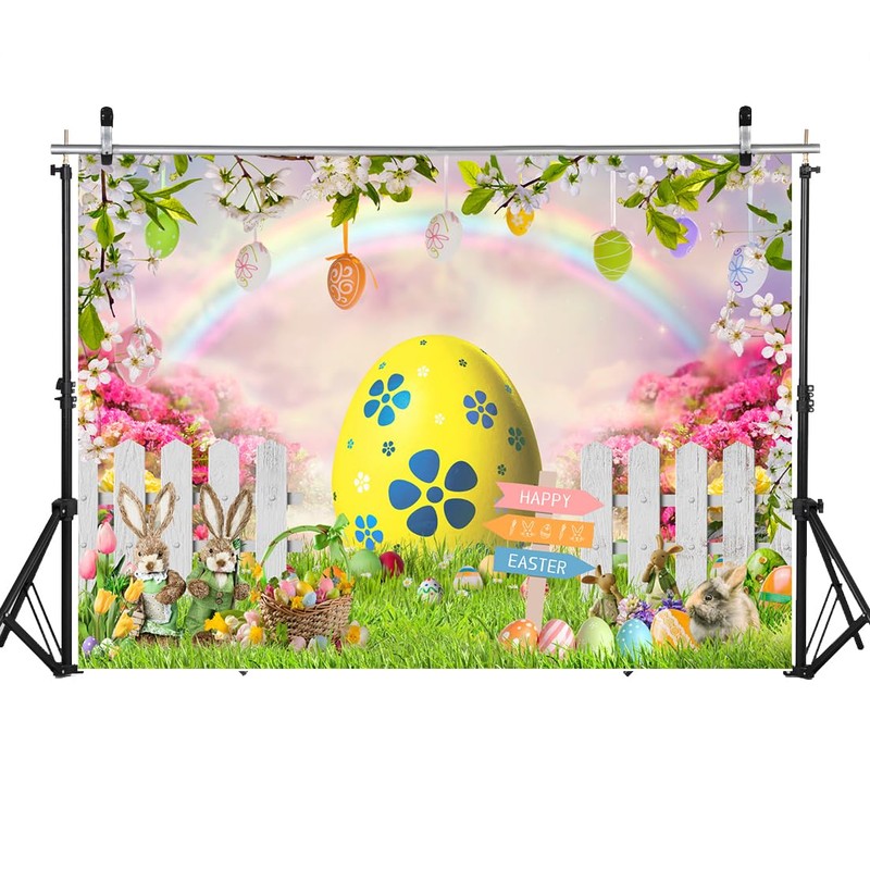 LYCGS 10x8ft Happy Easter Backdrop Easter Colorful Eggs Rabbit Flowers