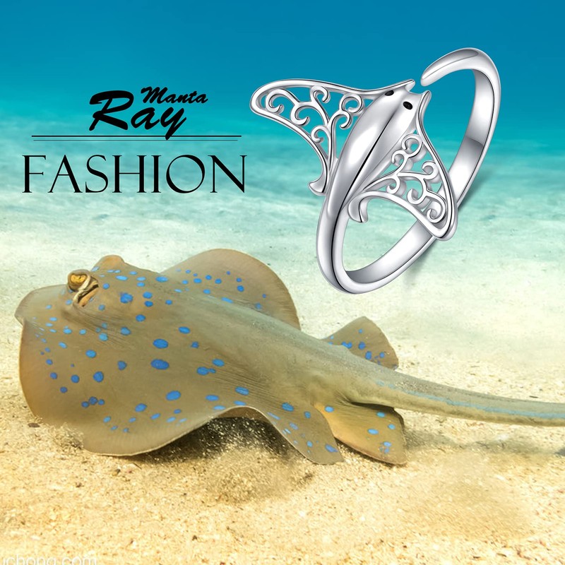 S925 Sterling Silver Stingray Sea Animal Open Ring Manta Ray