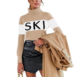 Ybenlow Women 2024 Sweater Tees Casual Turtleneck Sweaters Winter Ski Shirts Tight Knit Outfits Tops Tan XS