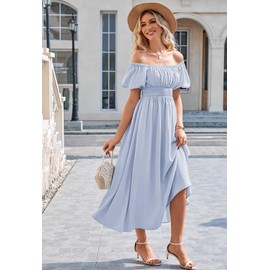 Duigluw Women Dresses 2025 Summer Floral Puffy Short Sleeve Maxi Dress Casual Flowy Beach Long Dress Glacial Blue L
