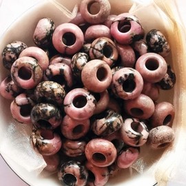 Manekieko Pack of 15 Natural Large Hole Loose Stone Rondelle Beads Crystals and Healing Stones, 6 mm DIY Jewellery Makings, rhodonite