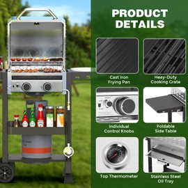 ‌2-Burner Gas Grill, Stainless Steel 160,00 BTU BBQ Grill with Foldable Side Shelves & Storage Shelf – Ideal Propane Grill for Outdoor Barbecues, Patio Gatherings, and Camping