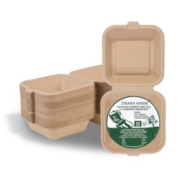 Disposable Bamboo Fibre Pulp Burger Clamshell 6x6inch Box I Pack of 50 To Go Container I Unbleached Natural Brown I 100% Eco-friendly I Sturdy for Takeaway, Salad, Pastry, Hot/Cold Food