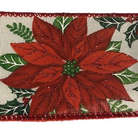 Unbranded Wired Ribbon Sold BY THE YARD Christmas Poinsettia 2.5” Wide