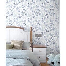 KUKANTST Wallpaper Peel and Stick White and Blue Leaf Floral Countertop Contact Paper for Bedroom Kitchen Cabinet Drawers Renter Friendly Self-Adhesive Removable Waterproof Boho Stripe 17.3"x197"