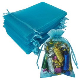 Organza Gift Wrap Bag Packs of 100 Drawstring 5x7 inch Aqua Blue for Baby Shower,Party Favors,Birthday,Wedding,Bridal Shower,Christmas,Sheer Fabric Clear Mesh See Through Sachet for Jewelry,Candy