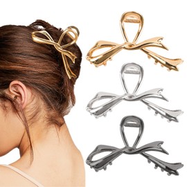 Ondder 3 Pcs Silver Gold Black Large Hair Clips 4.5 Inch Metal Hair Clips for Women Bow Claw Clips for Thick Hair Strong Hold Hair Barrettes Non Slip Cute Hair Clips Hair Accessories for Women Girls