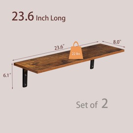 DINZI LVJ Long Wall Shelves, 23.6 Inch Wall Mounted Shelves Set of 2, Easy-to-Install, Wall Storage Ledges with Sturdy Metal Brackets for Living Room, Bathroom, Bedroom, Kitchen, Rustic Brown