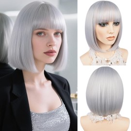 MAYSA Silver Bob Hair Wigs with Bangs Short Straight Bob Bangs Wig 12in Colorful Synthetic Cosplay Daily Party Wig for Women # Silver