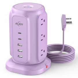 Flat Plug Power Strip Tower with 9 Outlets and 5 USB Ports (2 USB C), AiJoy 1200J Surge Protector Tower with 6.5 Feet 1625W Extension Cord with Multiple Outlets for Dorm Home Office, Purple