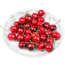 CUTEZING 25Pcs Red Artificial Cherries, Fake Cherry Model Lifelike Fruit Cherry Ornament, Home Kitchen Party Decoration Desk Ornament Photography Prop,Fake Cherries,Plastic Cherries