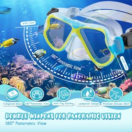 CTSAYTL Snorkeling Gear for Kids Ages 6-14, 4 in 1 Kids Mask Fins Snorkel Set with Panoramic View Anti Fog Mask, Dry Top Snorkel, Trek Fins and Travel Bag, Kids Snorkel Set for Youth Teens Junior