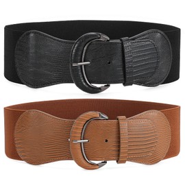 JASGOOD 2 Pieces Wide Waist Belt for Women, Vintage Cinch Belt with Hook Buckle Elastic Waist Belt for Dress,Coat,Black+Brown,L