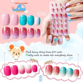 Kalolary 8 Boxes Children's Fingernails, Pink Colour Gradient, Children's Artificial Nails, Press On Nails, Short Full Cover False Nail Set with 2 Pieces Nail Glue Stickers, Artificial Nail Tips, Gift