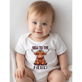 hrcfbk Western Baby Boy Girl Clothes Summer Newborn New to the Herd Cowgirl Short Sleeve Romper Infant Highland Cow Bodysuit (White New to the Herd,0-3 Months)
