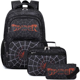 JIANYA Kids Backpack for School Boys, Spider School Bag for Elementary Kids Children 3pcs Boys Backpack with Lunch Box & Pencil Case