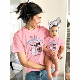 AG AGUU Our First Mothers Day Matching Outfit Mommy and Me T-Shirt Newborn Baby Girl Romper Milk Bottle Onesie New Mom Shirt(Mom-Pink-1,L)