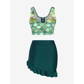 Rosegal Plus Size Women 3 Piece Tankini Swimsuit Holographic Mermaid Scale Print Lace-up Bathing Suit Swimwear with Ruffled Hem Beach Skirt(Green/3X)