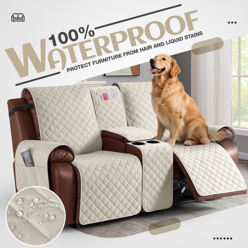 KinCam 100% Waterproof Loveseat Recliner Cover with Console, Non-Slip Reclining