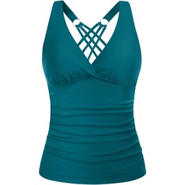 Teal Tankini Tops for Women - Tummy Control V Neck Bathing Suit Top Only No Bottom M