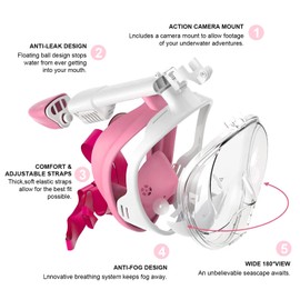 Jsdoin Snorkel Mask Full Face,180°view Design - Anti-fog, Anti-leak Technology - Sports Camera Compatible - for a Safe Adults and Kids Snorkeling Experience (Pink-L/XL)