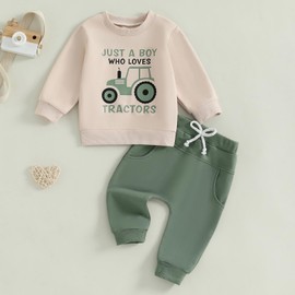 Toddler Baby Boy Fall Winter Outfit Clothes Set Infant Boys Tracksuit 2PC Casual Long Sleeve Sweatshirt Pullover Tops Tractor Graphic + Elastic Waist Pants With Pockets Trouser (Green, 3-4 Years)