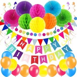 ZERODECO Birthday Party Decoration, Multi-Colored Happy Birthday Banner with Paper Fans, Honeycomb Balls, Triangular Pennants, Circle Paper Garland, Hanging Swirls and Balloons