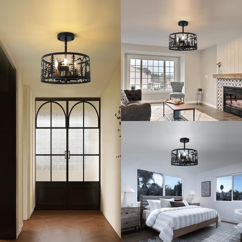 Sloped Rustic Semi Flush Mount Ceiling Light Fixture,3-Light Round E26