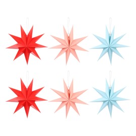 MECCANIXITY 6 Pcs Paper Star Lanterns 9-Pointed 12" Hanging Star Paper Lantern Hanging Lampshade for Christmas,Wedding,Graduation Party Supplies, Blue, Pink, Red