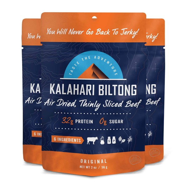 Original Kalahari Biltong, Air-Dried Thinly Sliced Beef, 2oz (Pack of 3), Sugar Free, Gluten Free, Keto & Paleo, High Protein Snack