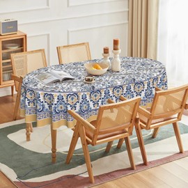 Horaldaily Regular Tablecloth 60×84 Inch Oval, Yellow and Blue Floral Rustic Washable Seasonal Table Cover for Party Picnic Dinner Decor