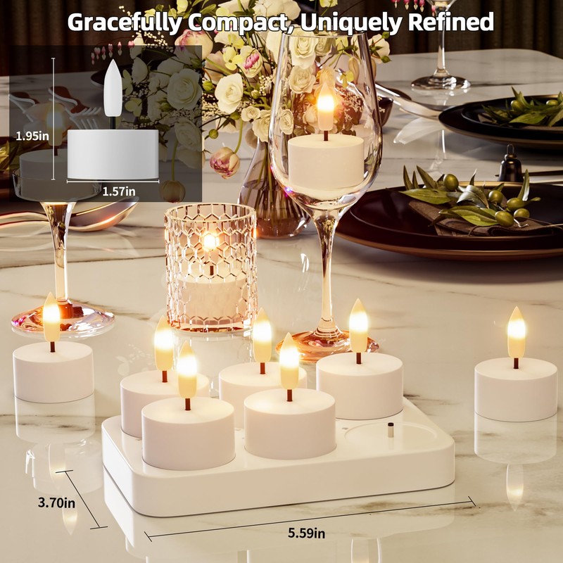 Rechargeable Flameless Tea Lights Candles with Charging Station 6Pcs Battery