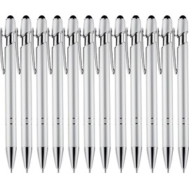 LINFANC 12 Pack Silver Ballpoint Pen with Stylus Tip, 1.0 mm Black Ink Smooth Writing Pens, Metal Stylus Pens for Touch Screens