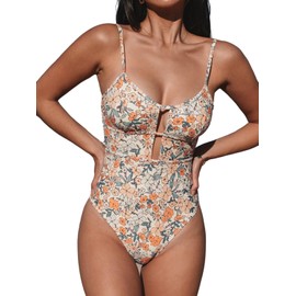 CUPSHE Women's One Piece Swimsuit Scoop Neck Adjustable Straps Cutout Back Self Tie Bathing Suit, L