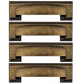 French Furniture Fittings Set of 4 Art Deco Kitchen Cabinet Square Cup Handles 2 Sizes, Cup Handles for Kitchen Cupboard Doors and Drawers, Deep Antique Brass (Distance Between fixings 76 or 96mm)