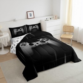 Feelyou Boys Gamer Comforter Set Full Bedding Set for Boys Kids Gaming Comforter Gray Black Video Games Bed Set Teen Child Gamer Room Decor Super Soft Game Geometric Duvet Quilted Gamer Gift