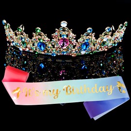 Birthday Crown for Women and It's My Birthday Sash, Birthday Tiaras Set for Girls Happy Birthday Decorations Birthday Headbands Girls Gifts Birthday Accessories for Her Birthday Party (Gold-Colorful)