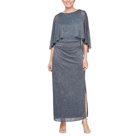 S.L. Fashions Women's Long Glitter Mesh Capelet Gown with Side Slit, Wedding Guest, Formal Dress (Petite and Regular Sizes), Smoke