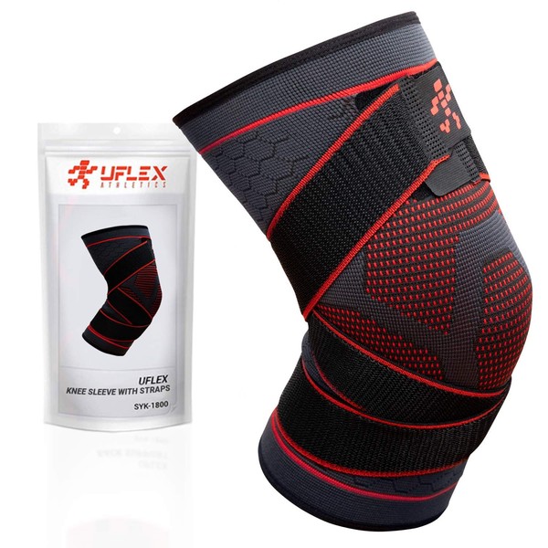 UFlex Knee Brace Compression Sleeve with Straps, Non Slip Running and Sports Support Braces for Men and Women, Sports Safety in Basketball, Tennis - Pain & Discomfort Related to Meniscus Tear (Large, 1 Pack)