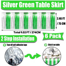 6 Pack 29x108 Inch Silver Green Metallic Foil Fringe Tinsel Table Skirts for Rectangle Tables Streamer Curtains Backdrop for Birthday, Parade Floats, Mardi Gras, St Patrick Day Party Decoration